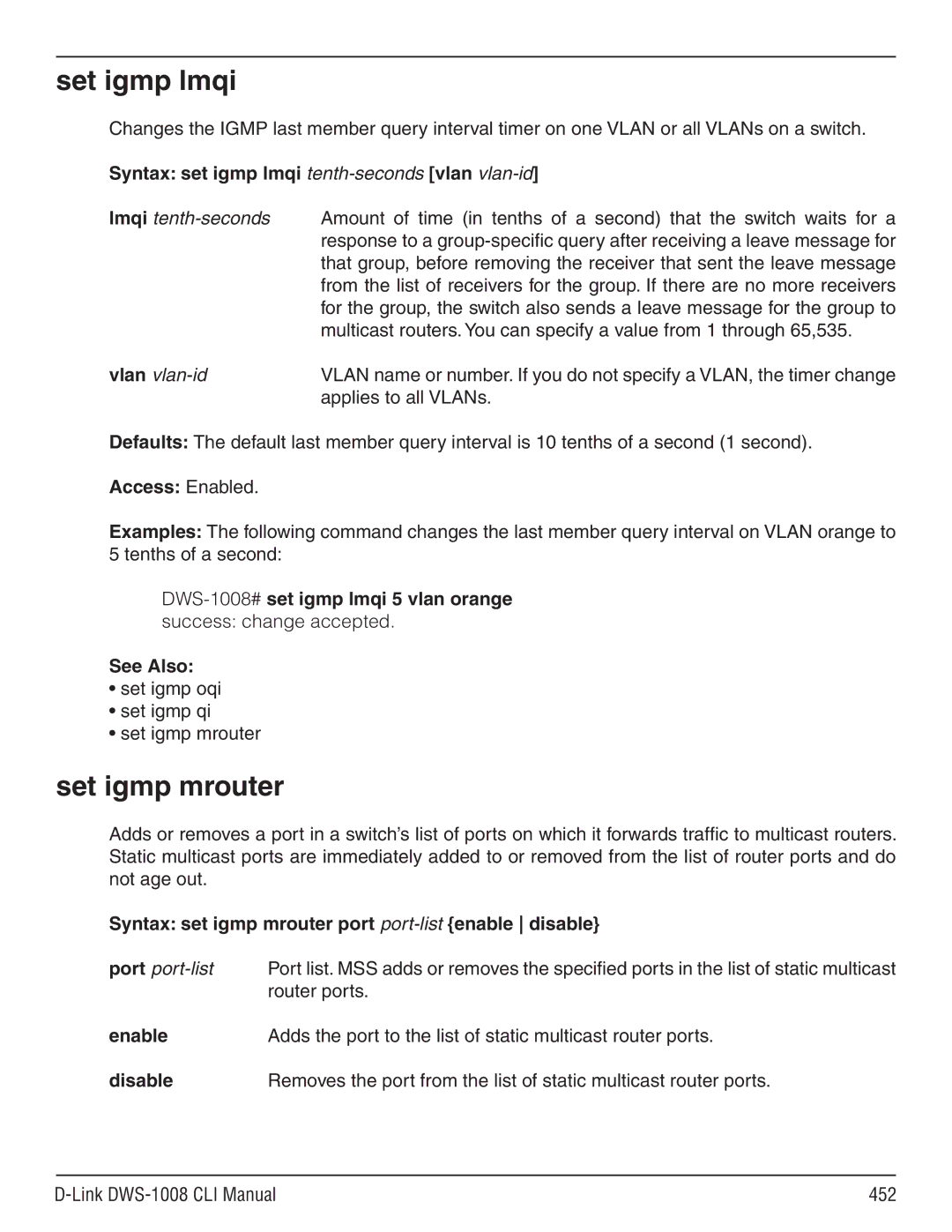 D-Link dws-1008 manual Set igmp lmqi, Set igmp oqi Set igmp qi Set igmp mrouter, Link DWS-1008 CLI Manual 452 