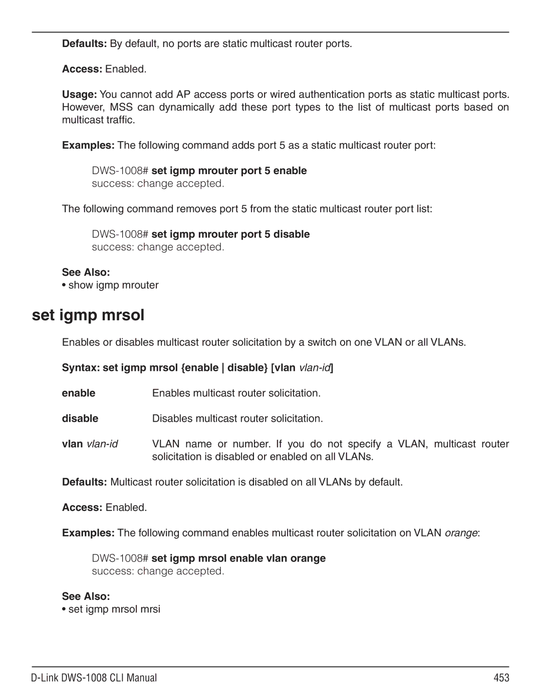 D-Link dws-1008 manual Show igmp mrouter, Set igmp mrsol mrsi Link DWS-1008 CLI Manual 453 