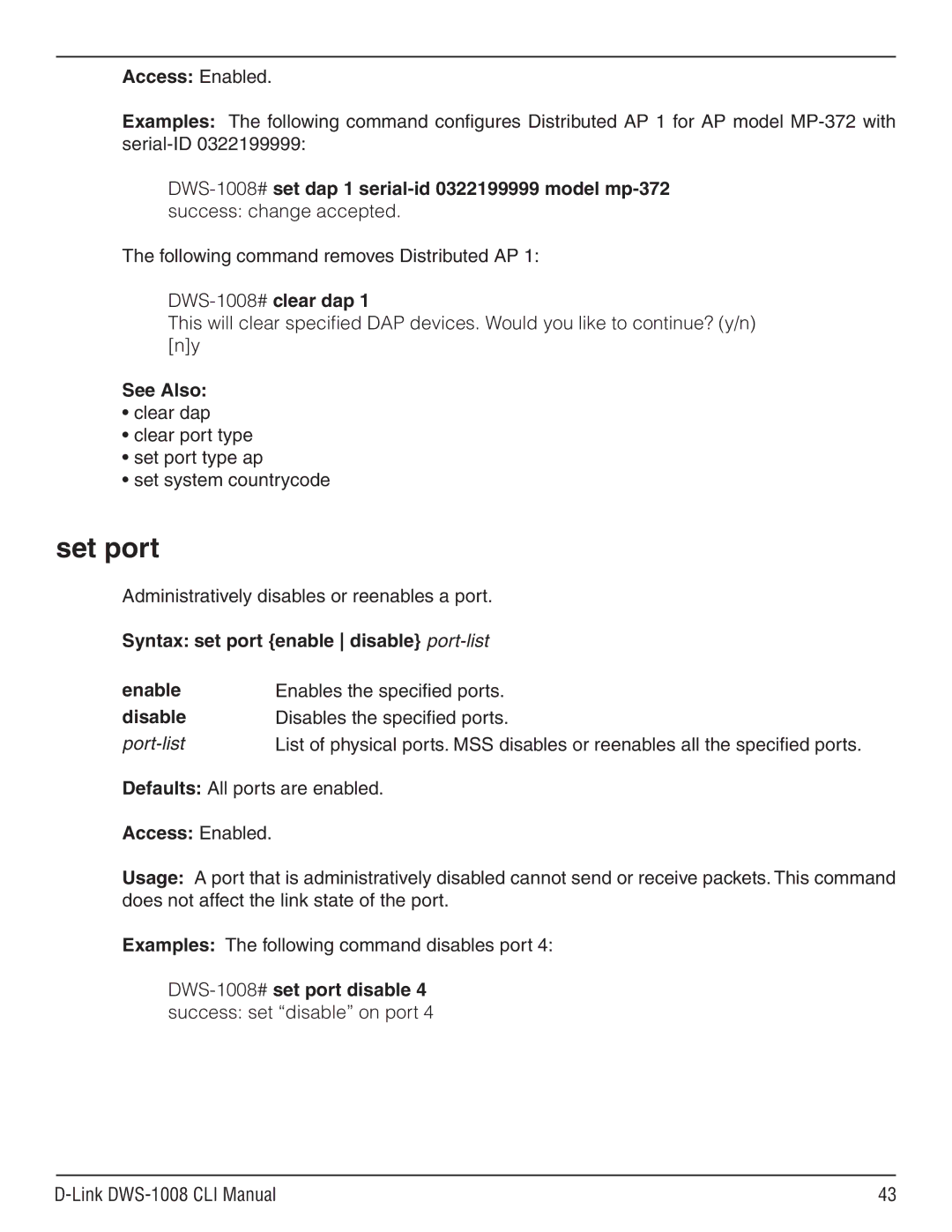 D-Link dws-1008 manual Set port, Syntax set port enable disable port-list Enable, Disable, Port-list 