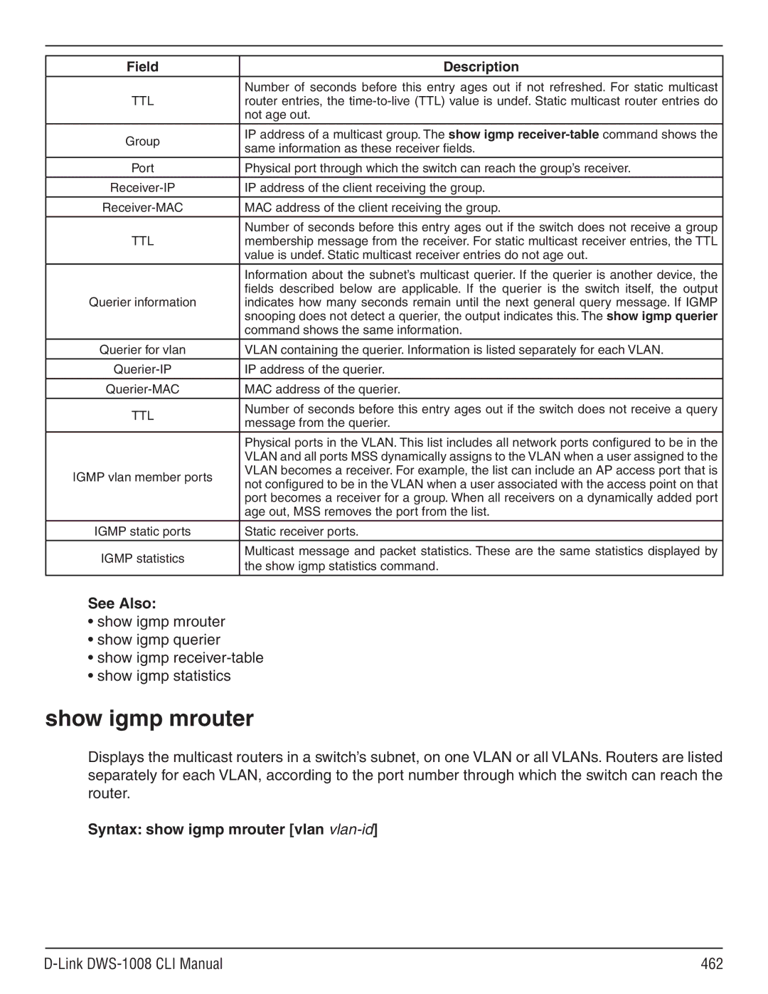 D-Link dws-1008 manual Show igmp mrouter, Syntax show igmp mrouter vlan vlan-id, Link DWS-1008 CLI Manual 462 