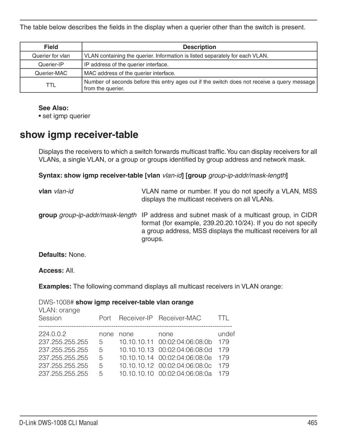 D-Link dws-1008 Show igmp receiver-table, Group group-ip-addr/mask-length, DWS-1008# show igmp receiver-table vlan orange 