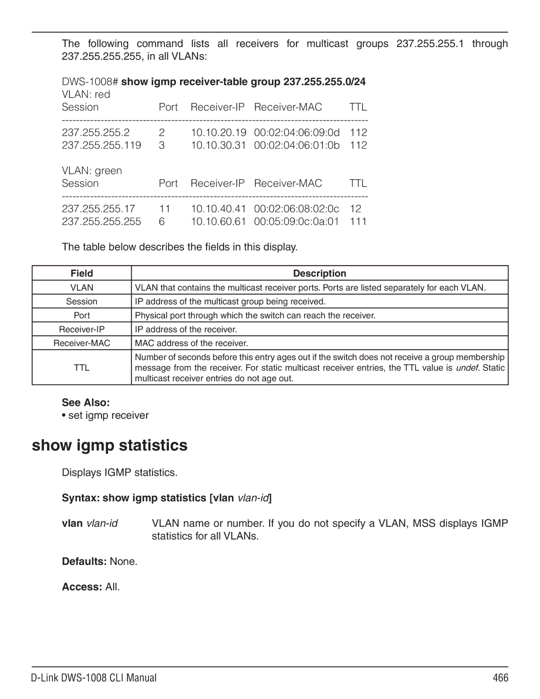 D-Link dws-1008 manual Show igmp statistics, DWS-1008#show igmp receiver-table group 237.255.255.0/24, Set igmp receiver 