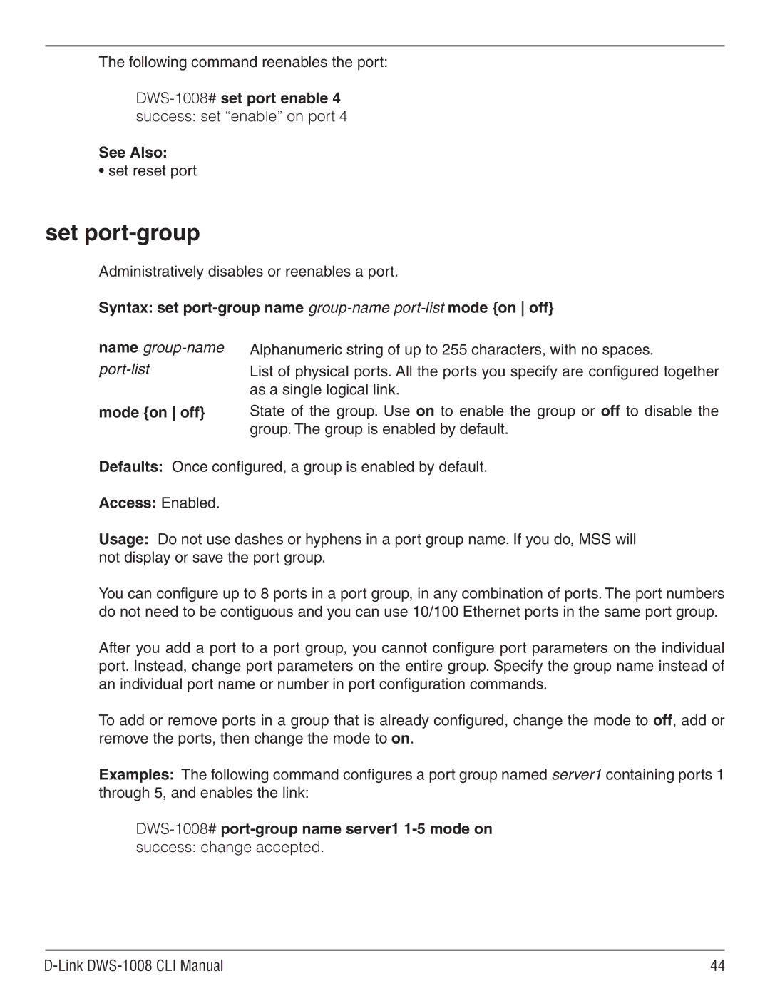 D-Link dws-1008 Set port-group, Set reset port, Syntax set port-group name group-nameport-listmode on off, Mode on off 