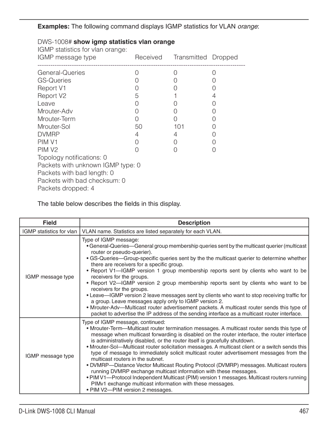 D-Link dws-1008 manual DWS-1008# show igmp statistics vlan orange, Link DWS-1008 CLI Manual 467 