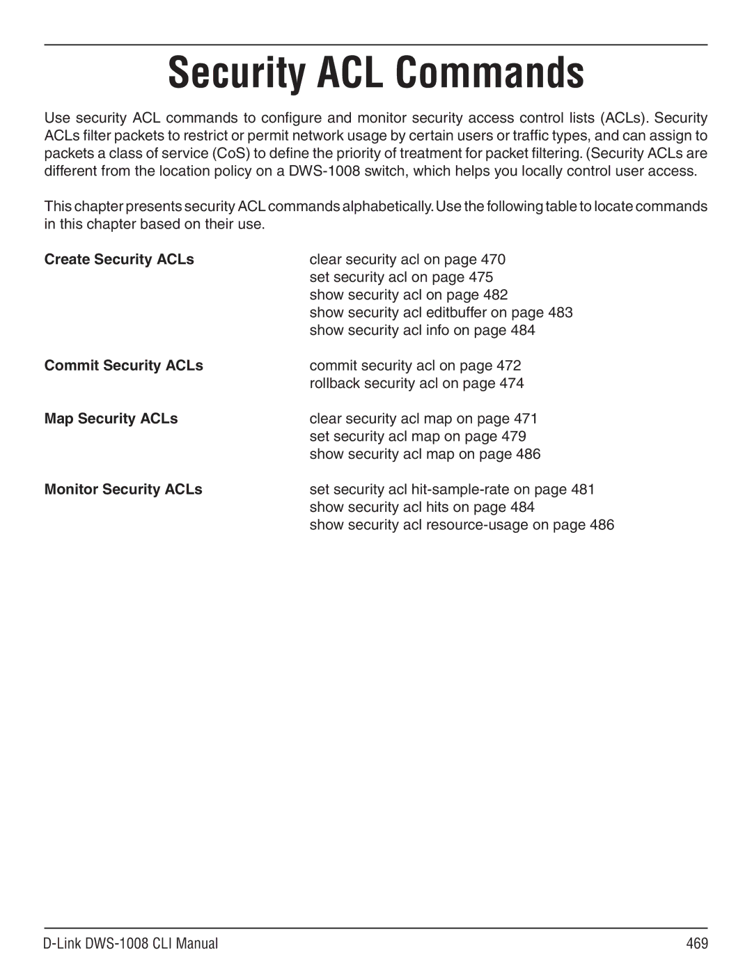 D-Link dws-1008 manual Create Security ACLs, Commit Security ACLs, Map Security ACLs, Monitor Security ACLs 