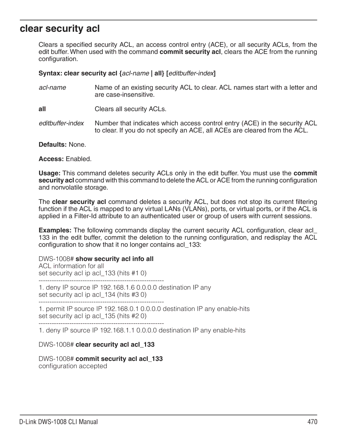 D-Link dws-1008 Clear security acl, Syntax clear security acl acl-name all editbuffer-index, Clears all security ACLs 