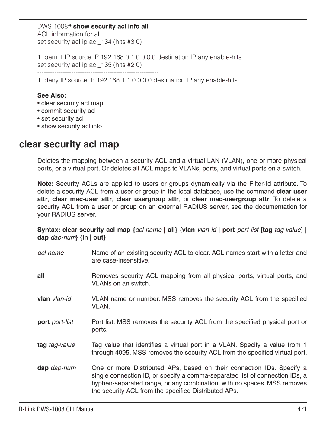 D-Link dws-1008 manual Clear security acl map, See Also 