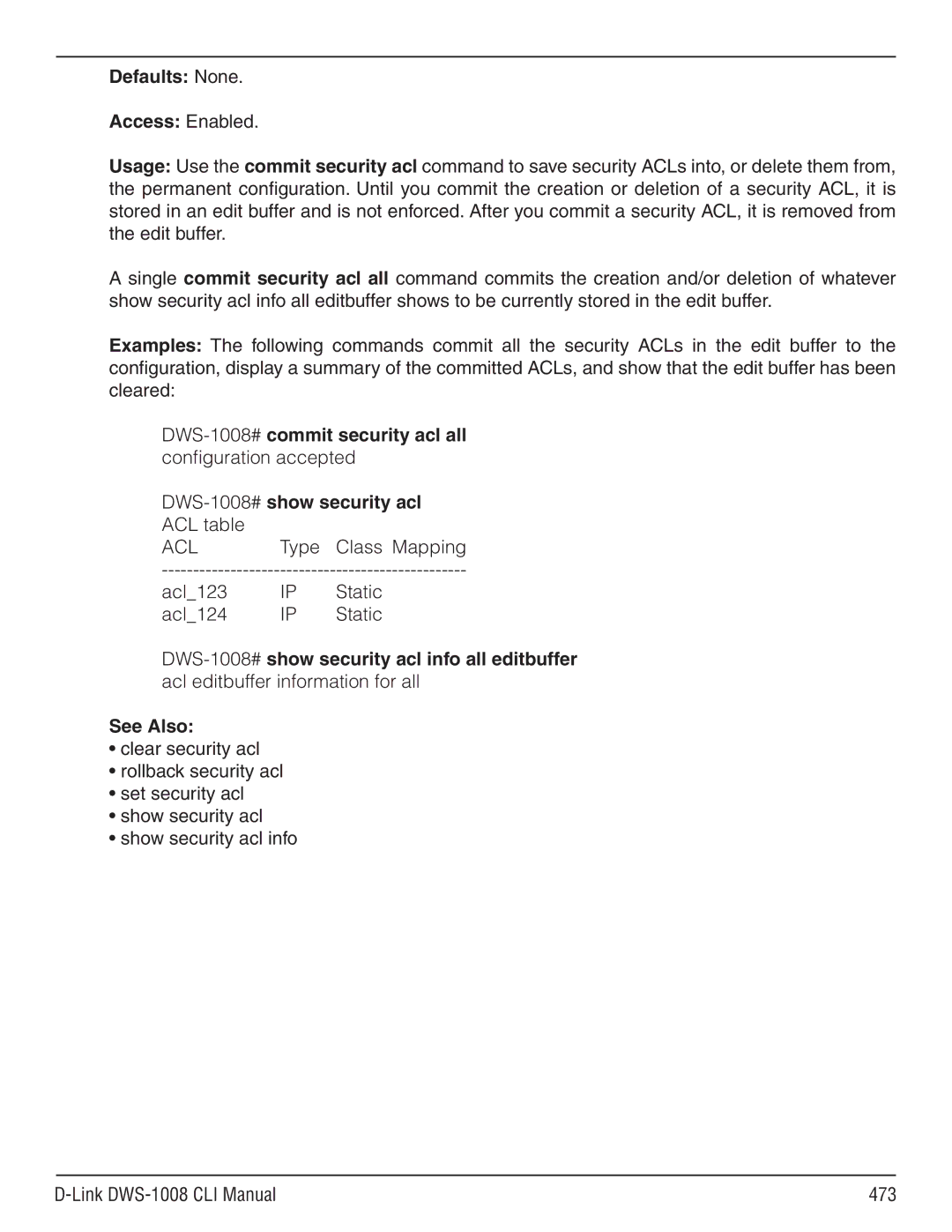 D-Link dws-1008 manual DWS-1008#show security acl, ACL table, Acl, Type Class Mapping 