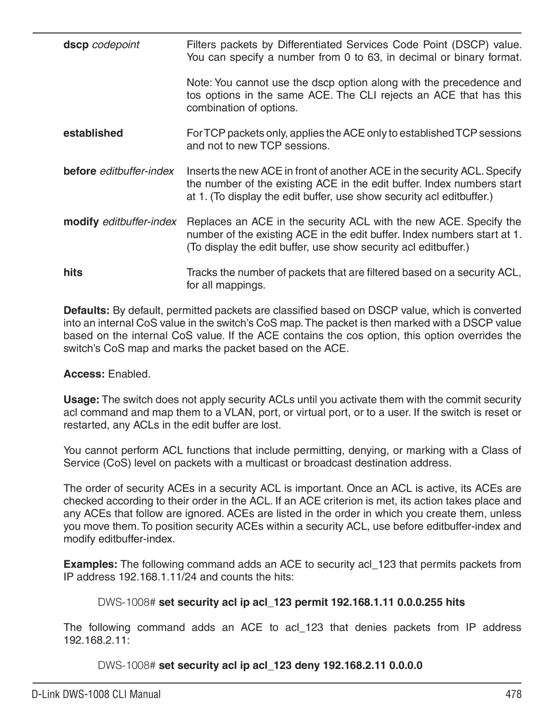 D-Link dws-1008 manual Established, Hits, DWS-1008#set security acl ip acl123 deny 192.168.2.11 