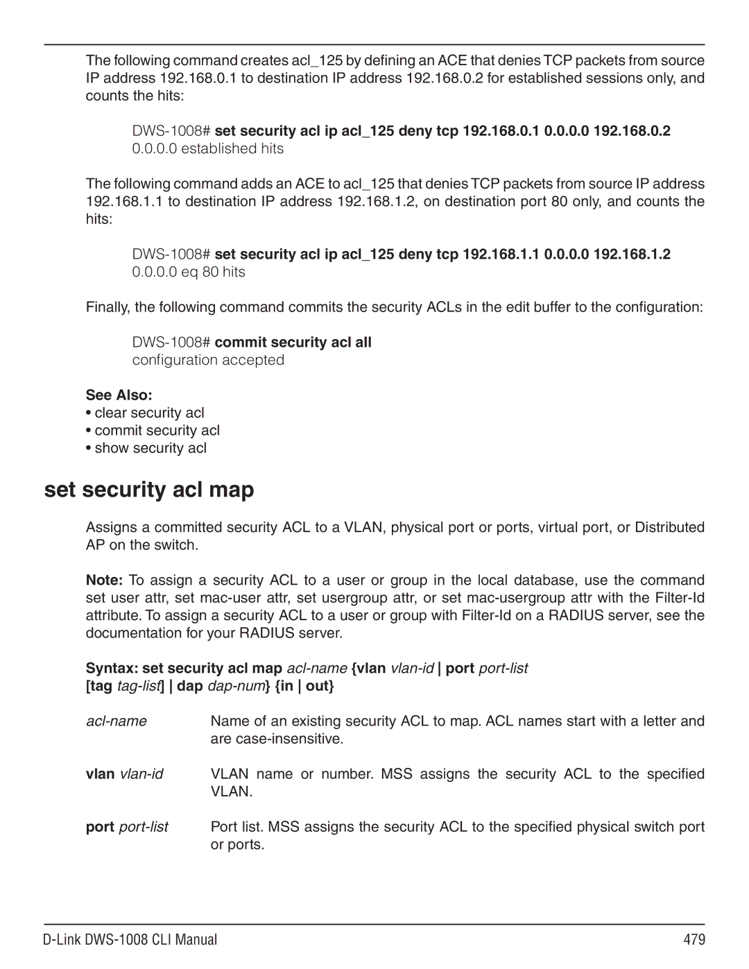 D-Link dws-1008 manual Set security acl map, Clear security acl Commit security acl Show security acl 