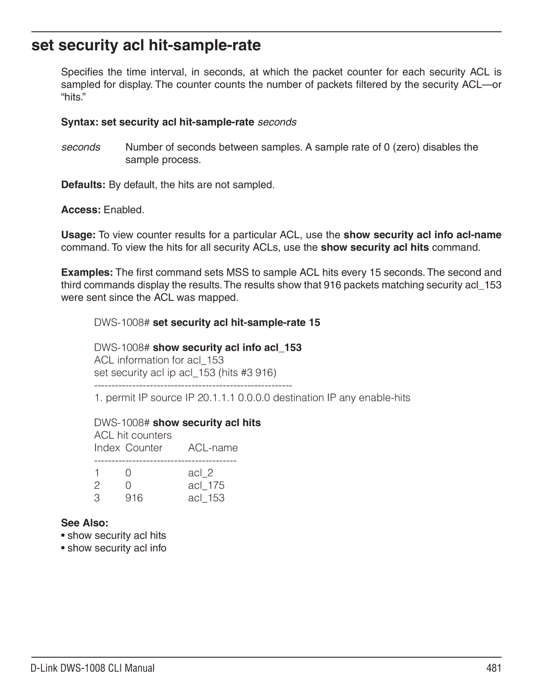 D-Link dws-1008 manual Set security acl hit-sample-rate, Syntax set security acl hit-sample-rate seconds 