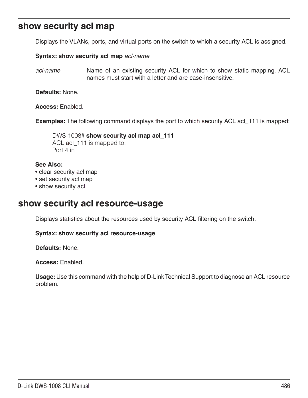 D-Link dws-1008 manual Show security acl map, Show security acl resource-usage, Syntax show security acl map acl-name 