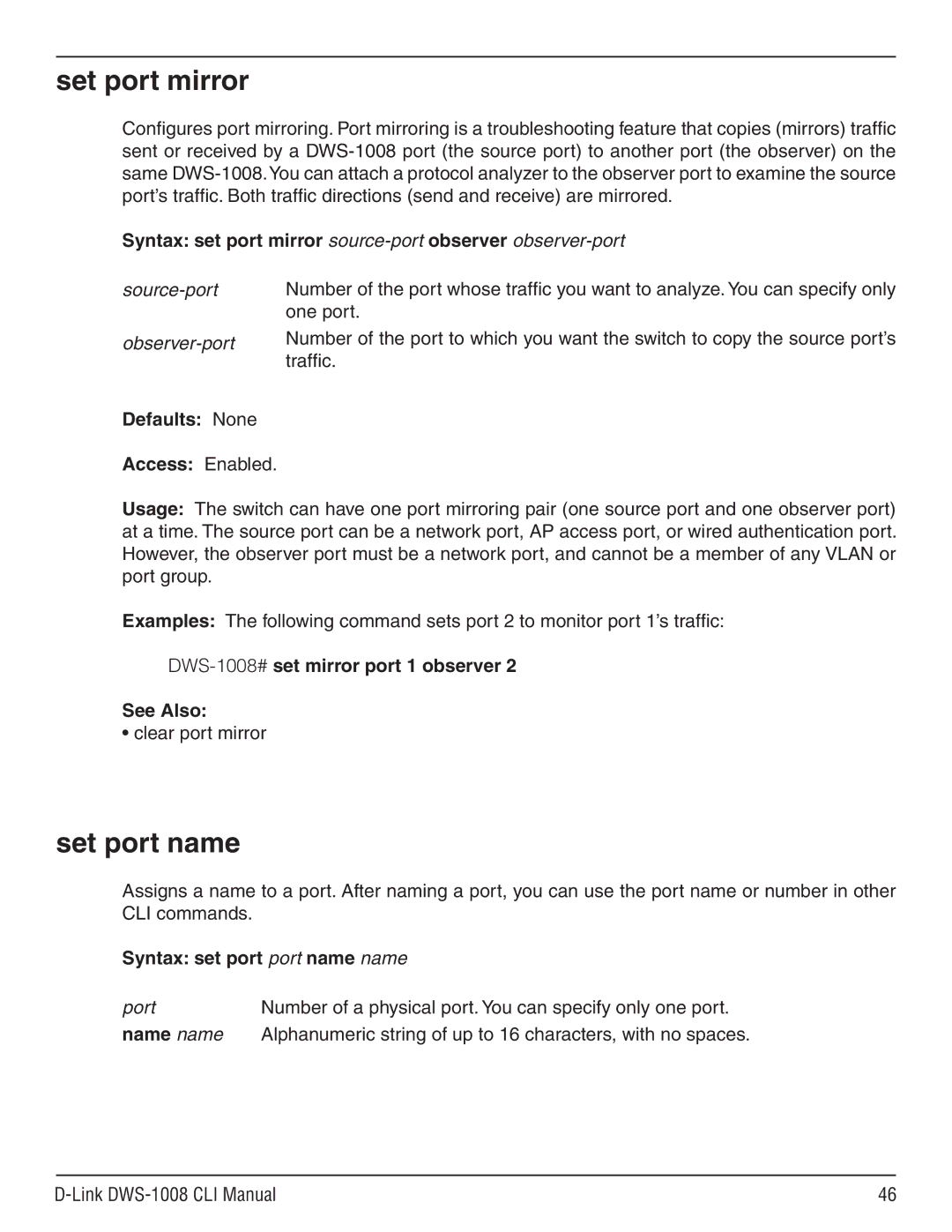D-Link dws-1008 manual Set port mirror, Set port name, Name name 
