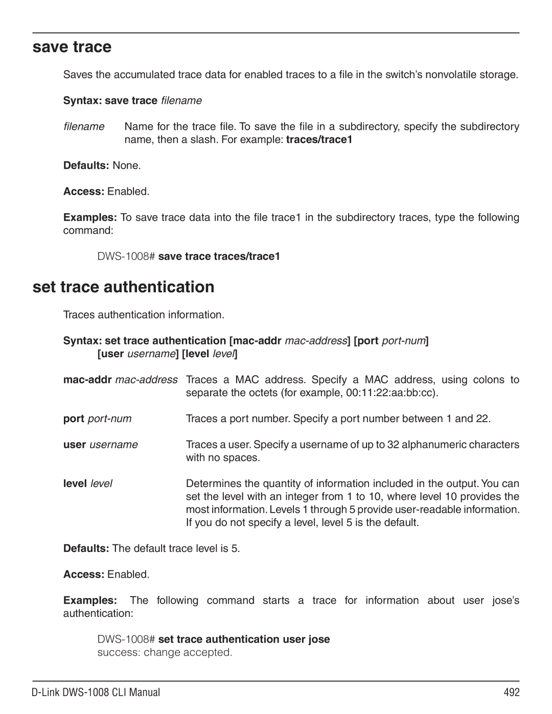 D-Link dws-1008 manual Save trace, Set trace authentication, Syntax save trace filename, DWS-1008#save trace traces/trace1 