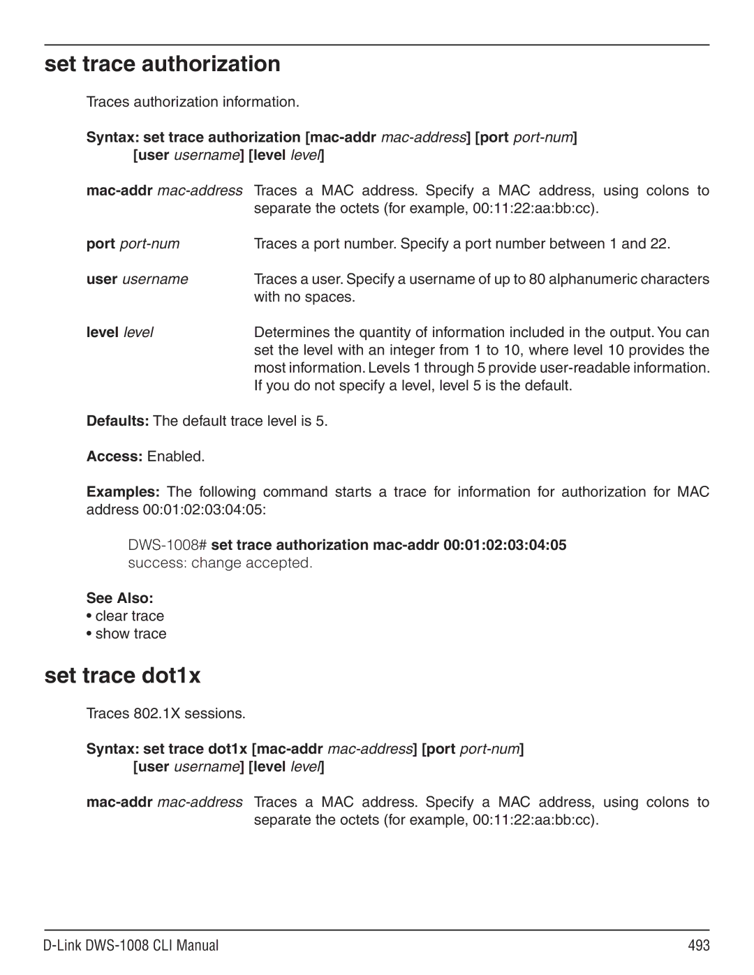 D-Link dws-1008 manual Set trace authorization, Set trace dot1x, Traces authorization information, Clear trace Show trace 