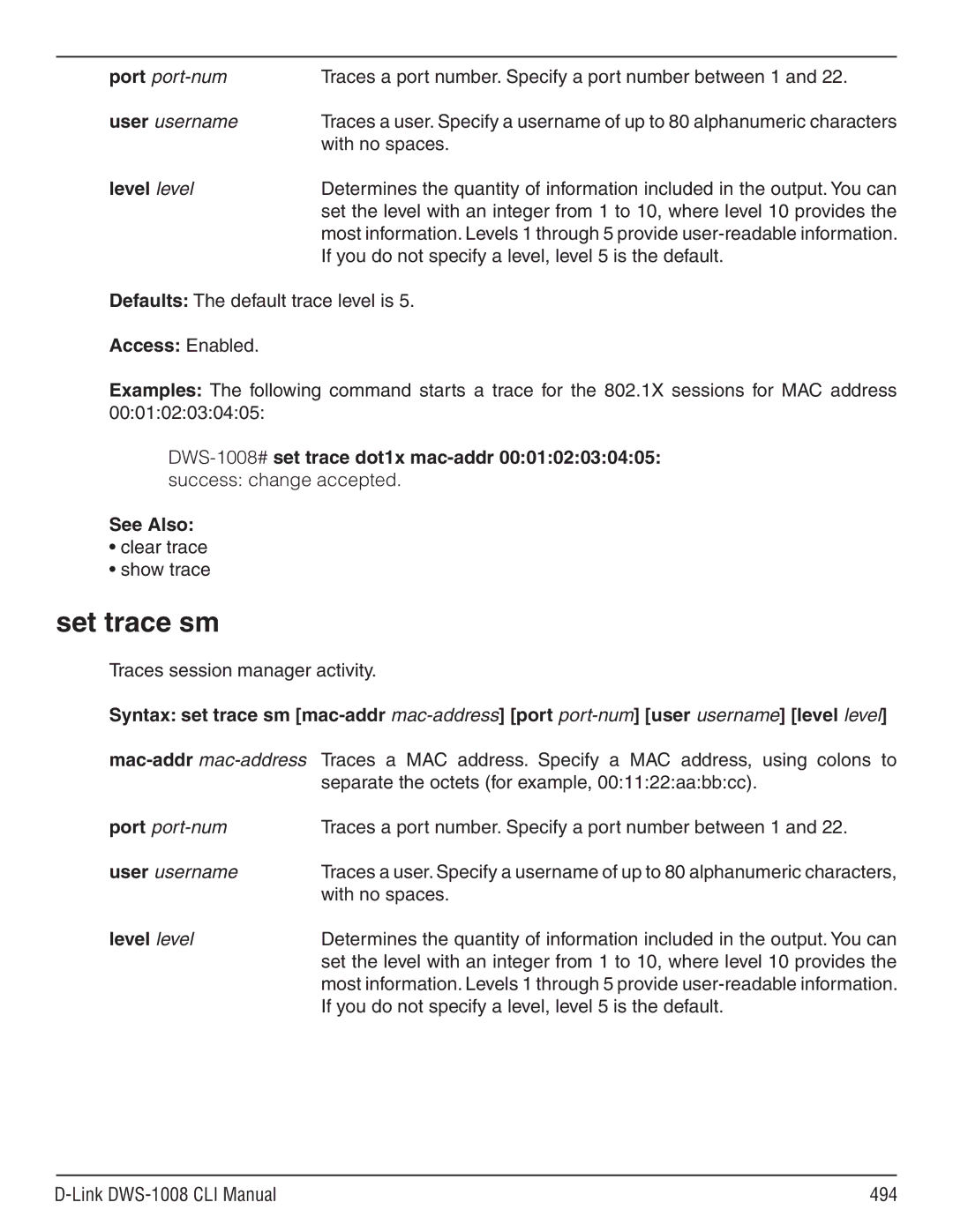 D-Link dws-1008 manual Set trace sm, Traces session manager activity, Link DWS-1008 CLI Manual 494 