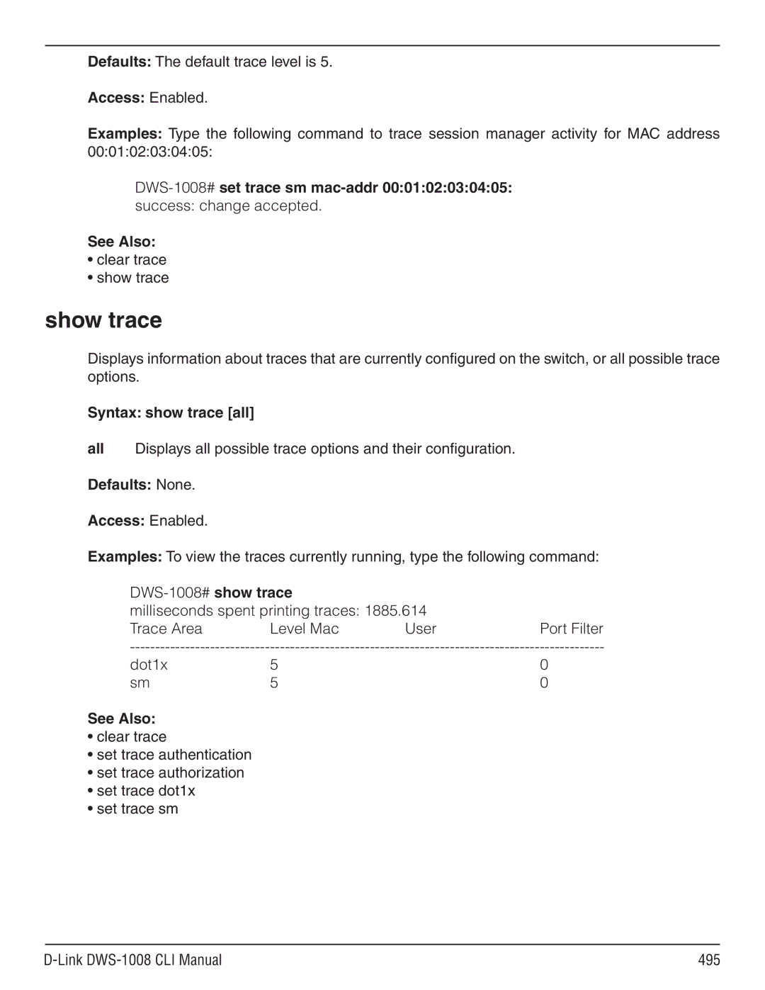 D-Link dws-1008 manual Show trace, Syntax show trace all 