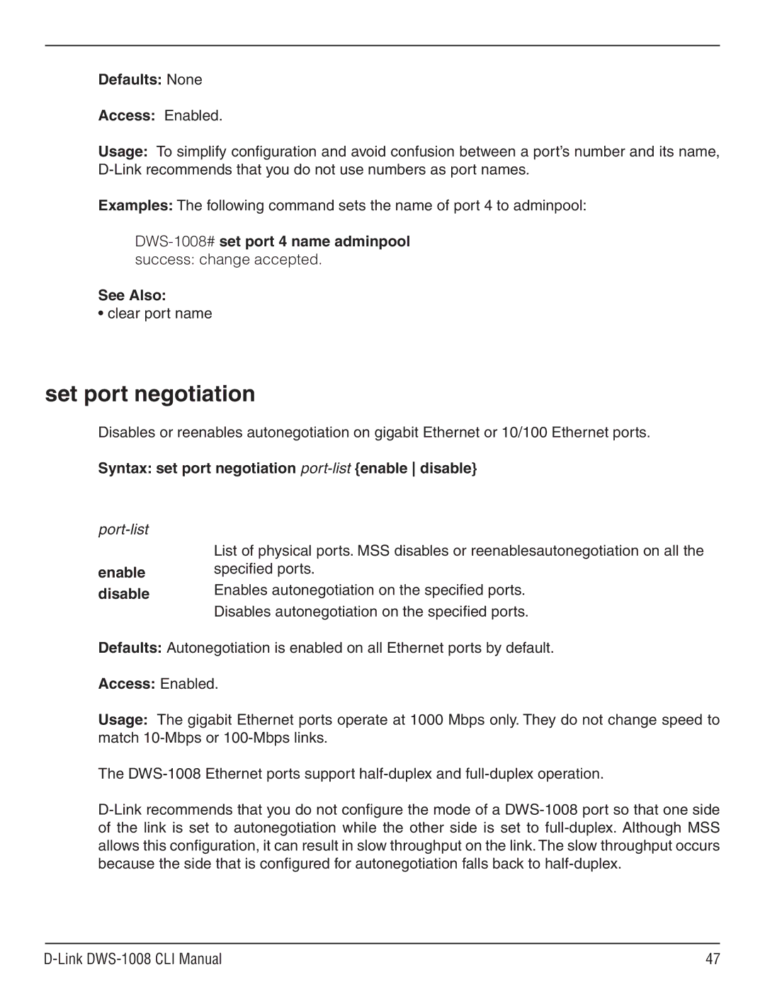 D-Link dws-1008 Set port negotiation, Clear port name, Syntax set port negotiation port-listenable disable, Enable disable 