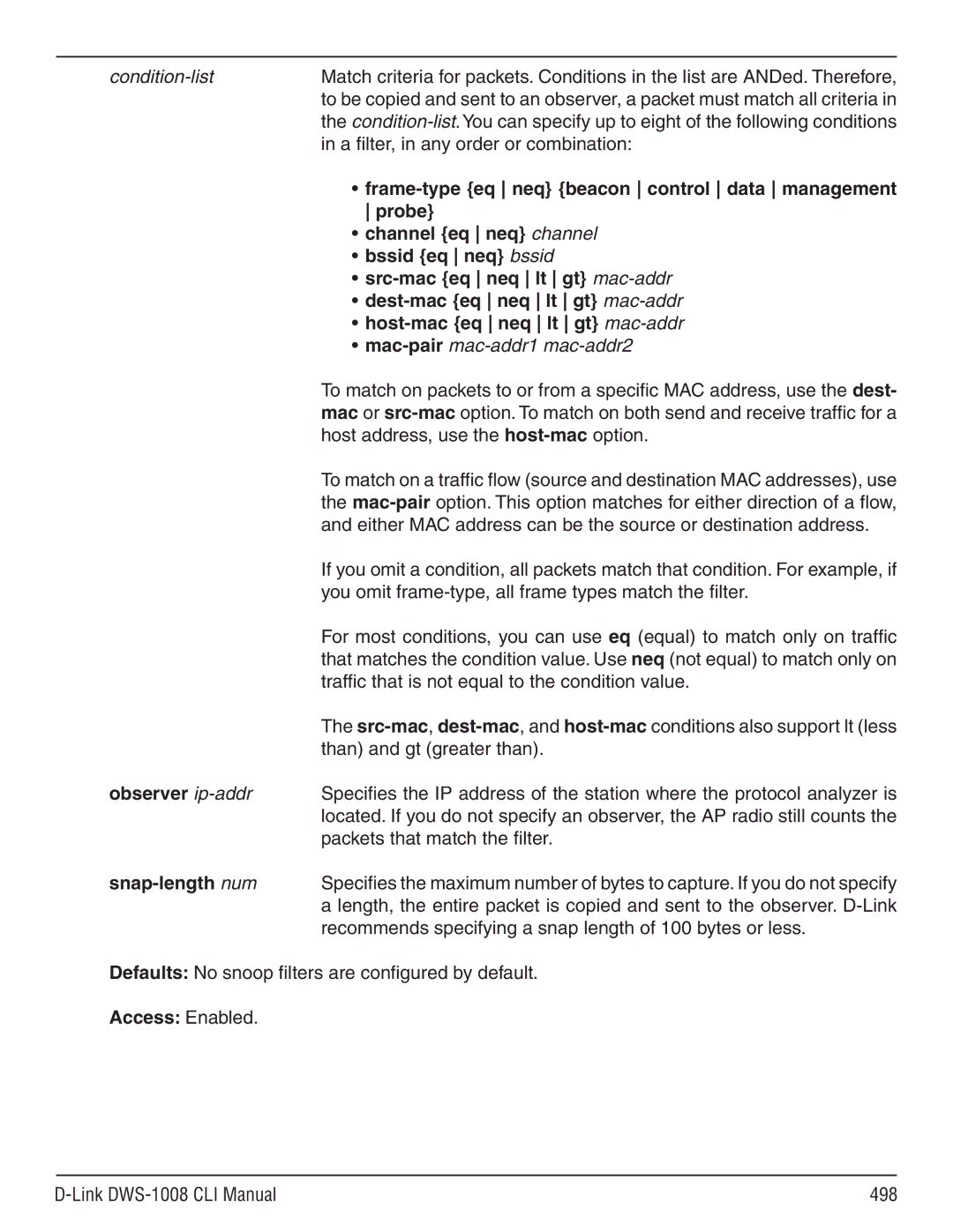 D-Link dws-1008 manual Frame-type eq neq beacon control data management, Probe, Channel eq neq channel, Bssid eq neq bssid 