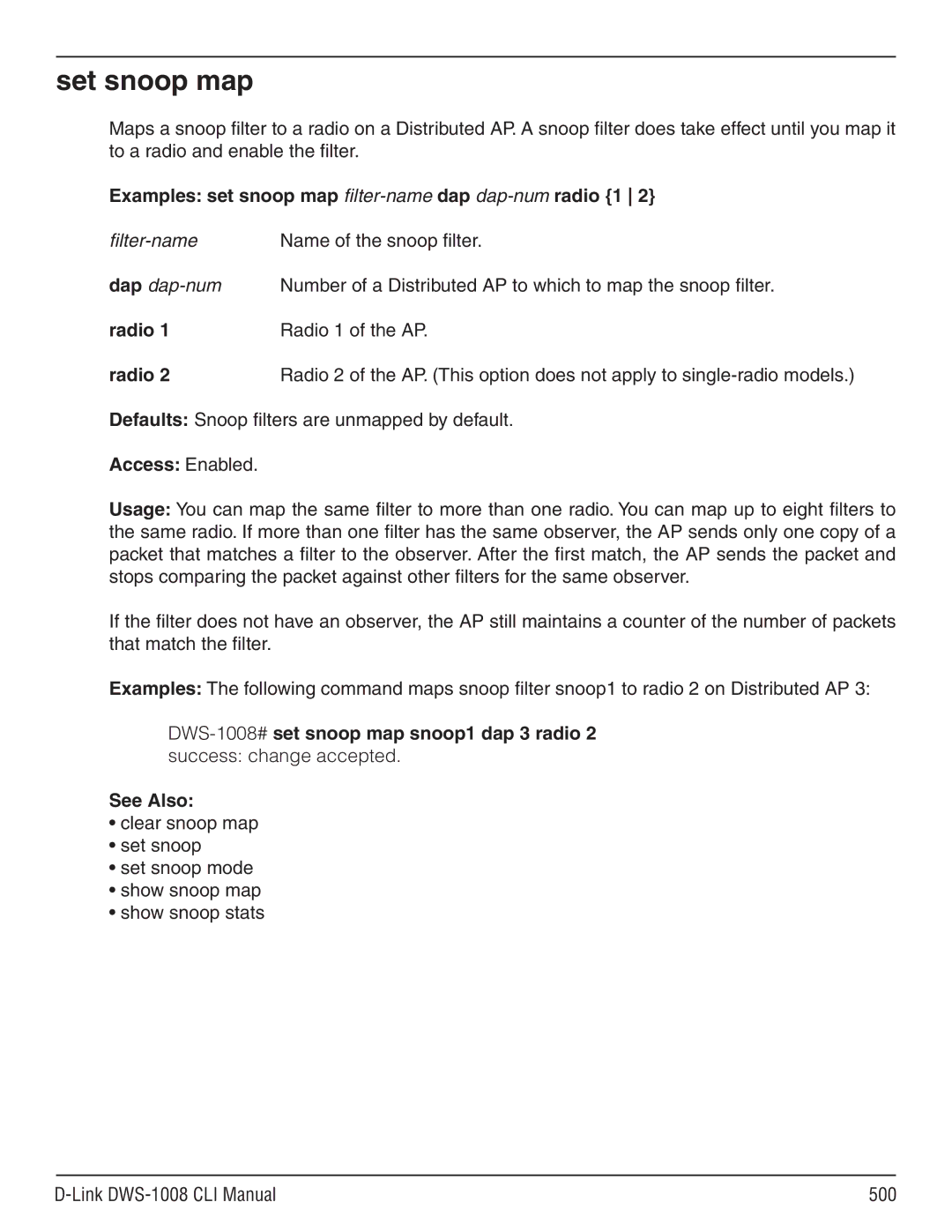 D-Link dws-1008 manual Set snoop map, Examples set snoop map filter-namedap dap-numradio 1 