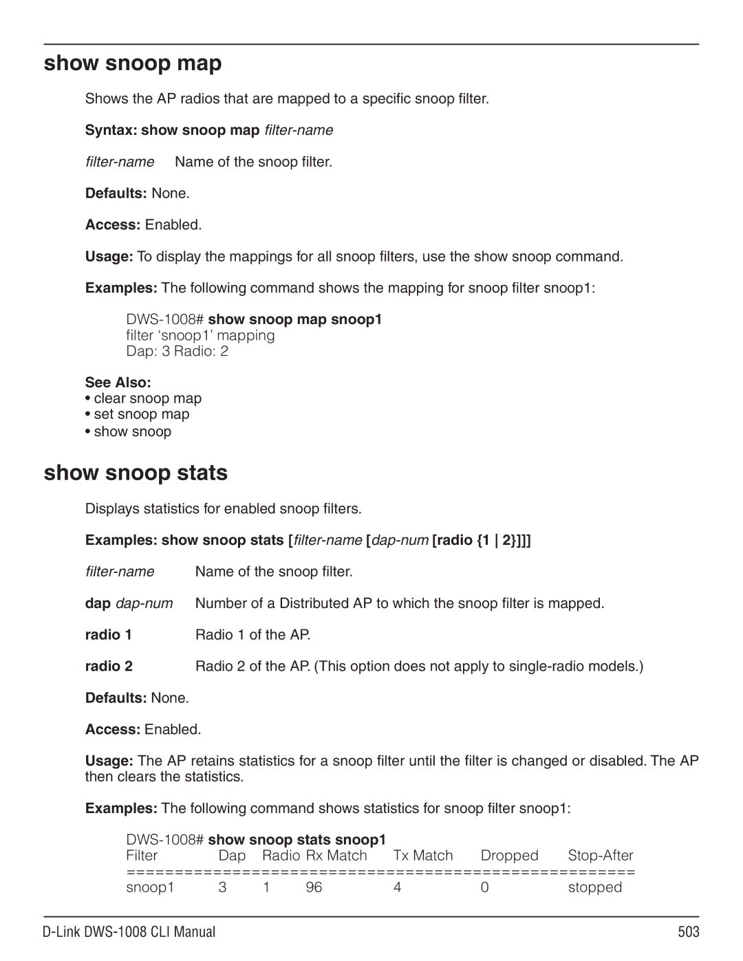 D-Link dws-1008 manual Show snoop map, Show snoop stats, Syntax show snoop map filter-name 