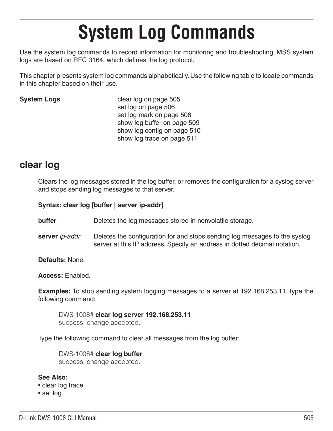 D-Link dws-1008 manual Clear log, System Logs 