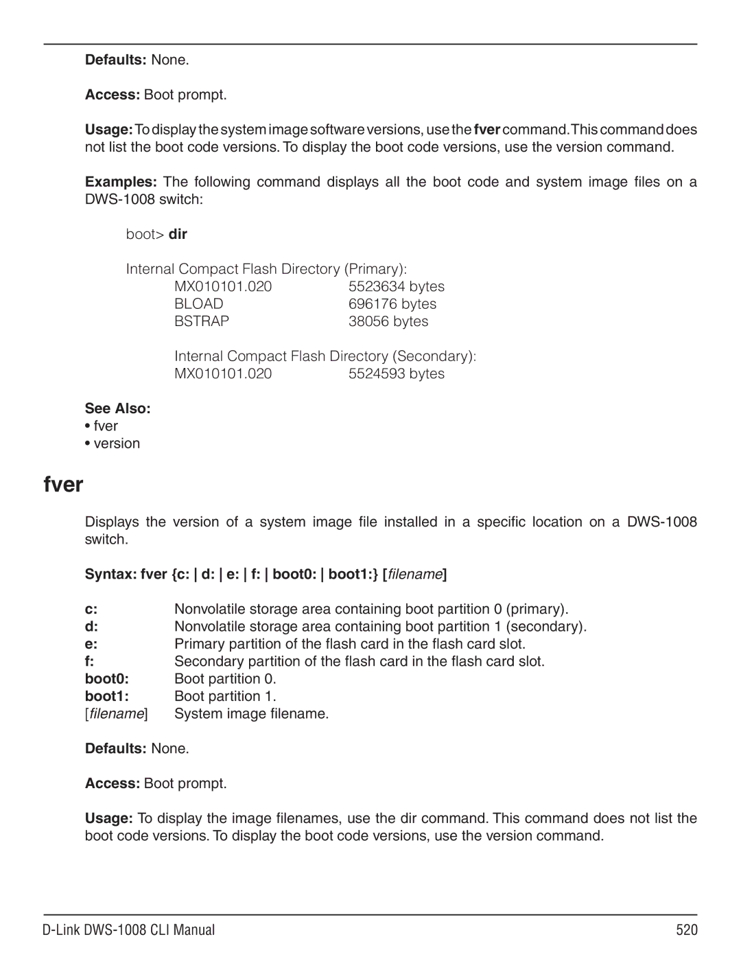 D-Link dws-1008 manual Fver, Bload, Bstrap, Syntax fver c d e f boot0 boot1 filename, Filename 