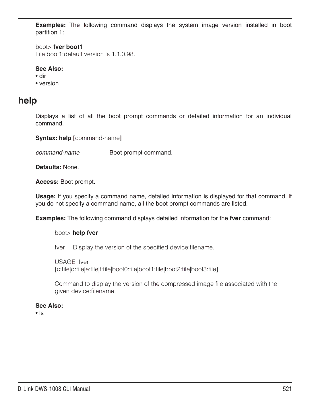 D-Link dws-1008 manual Boot fver boot1, Syntax help command-name, Command-name Boot prompt command, Boot help fver 