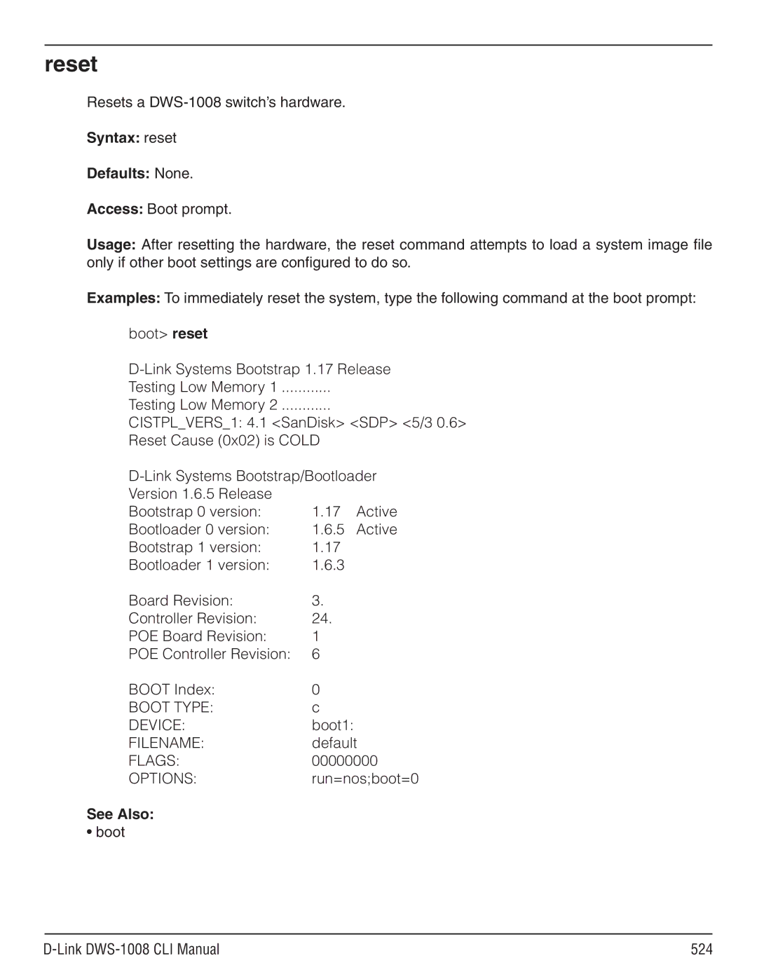 D-Link dws-1008 Resets a DWS-1008 switch’s hardware, Syntax reset Defaults None, Boot Link DWS-1008 CLI Manual 524 