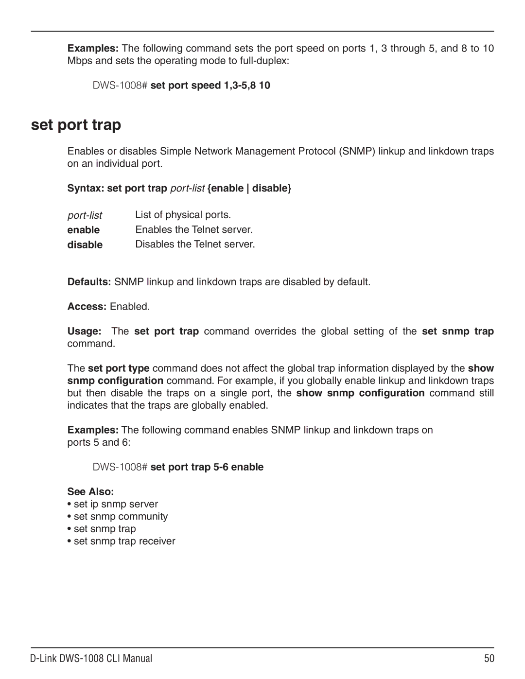 D-Link dws-1008 manual Set port trap, Enable, Disable 