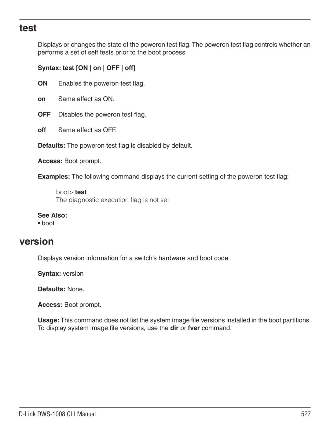 D-Link dws-1008 manual Test, Version, Syntax test on on OFF off, Syntax version Defaults None 