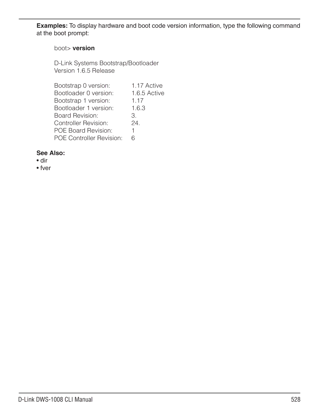 D-Link dws-1008 manual Boot version, Dir Fver Link DWS-1008 CLI Manual 528 