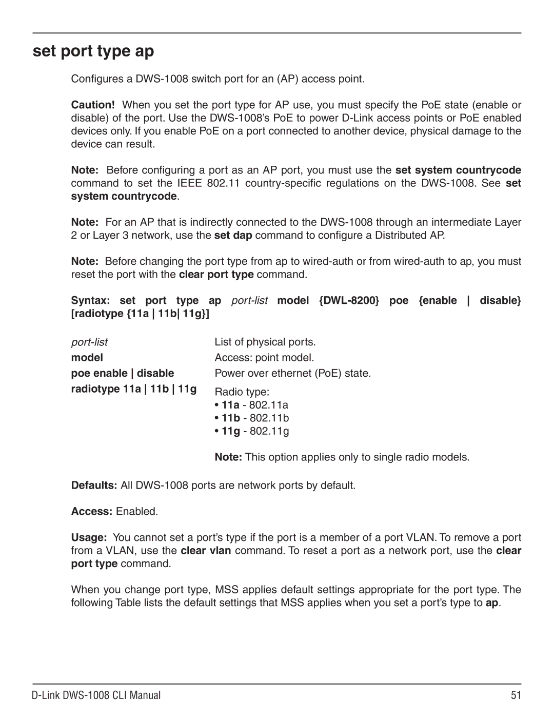 D-Link dws-1008 manual Set port type ap, Configures a DWS-1008 switch port for an AP access point 