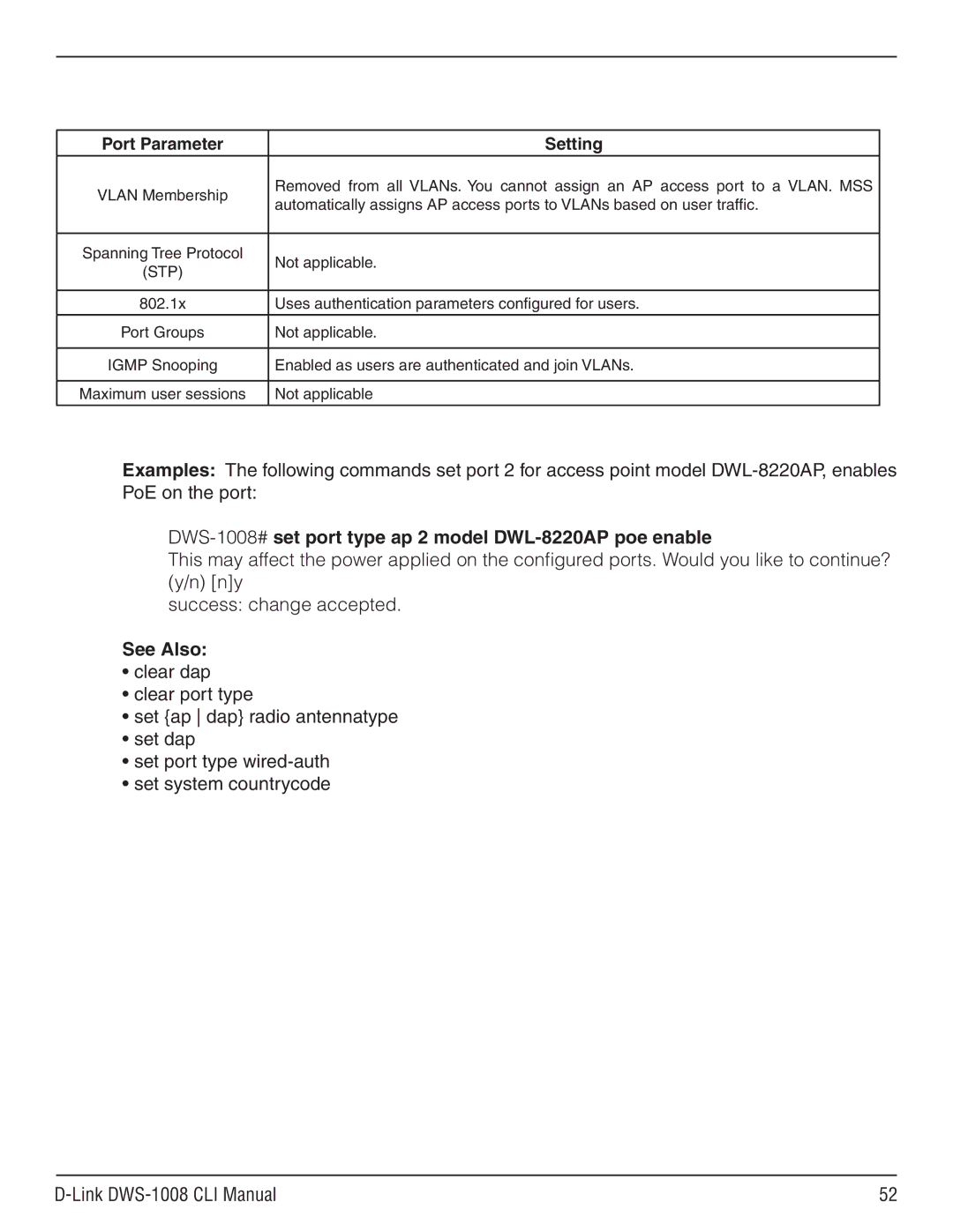 D-Link dws-1008 manual DWS-1008#set port type ap 2 model DWL-8220AP poe enable, Port Parameter Setting 