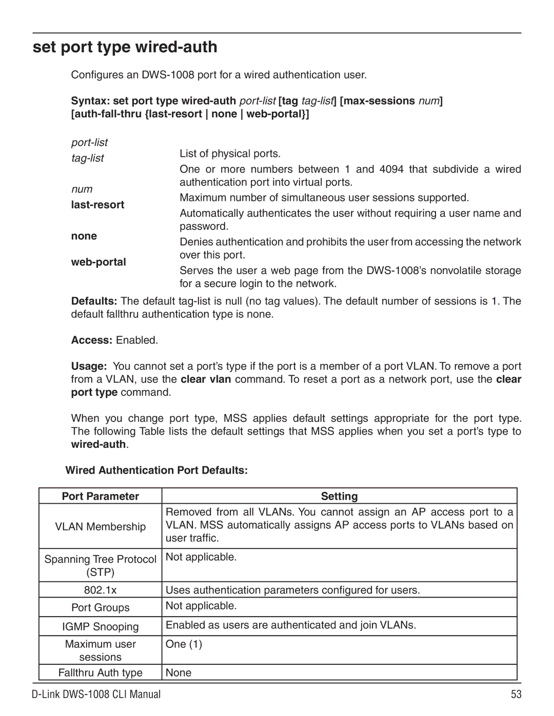 D-Link dws-1008 Set port type wired-auth, Configures an DWS-1008 port for a wired authentication user, None web-portal 