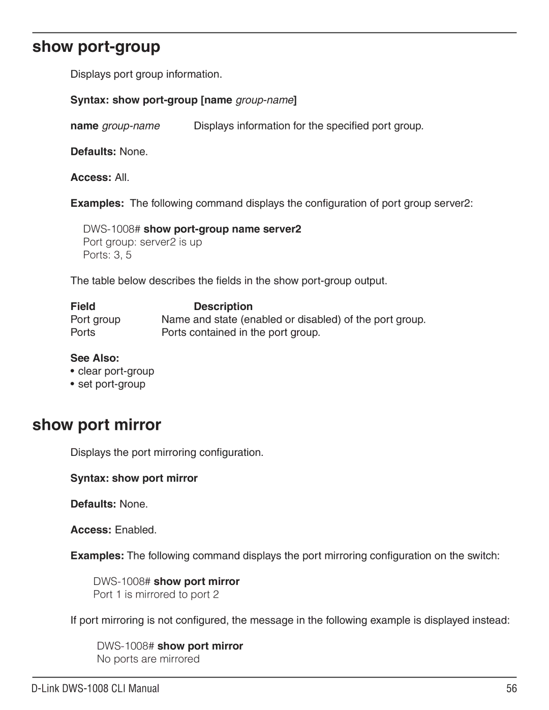 D-Link dws-1008 manual Show port-group, Show port mirror 