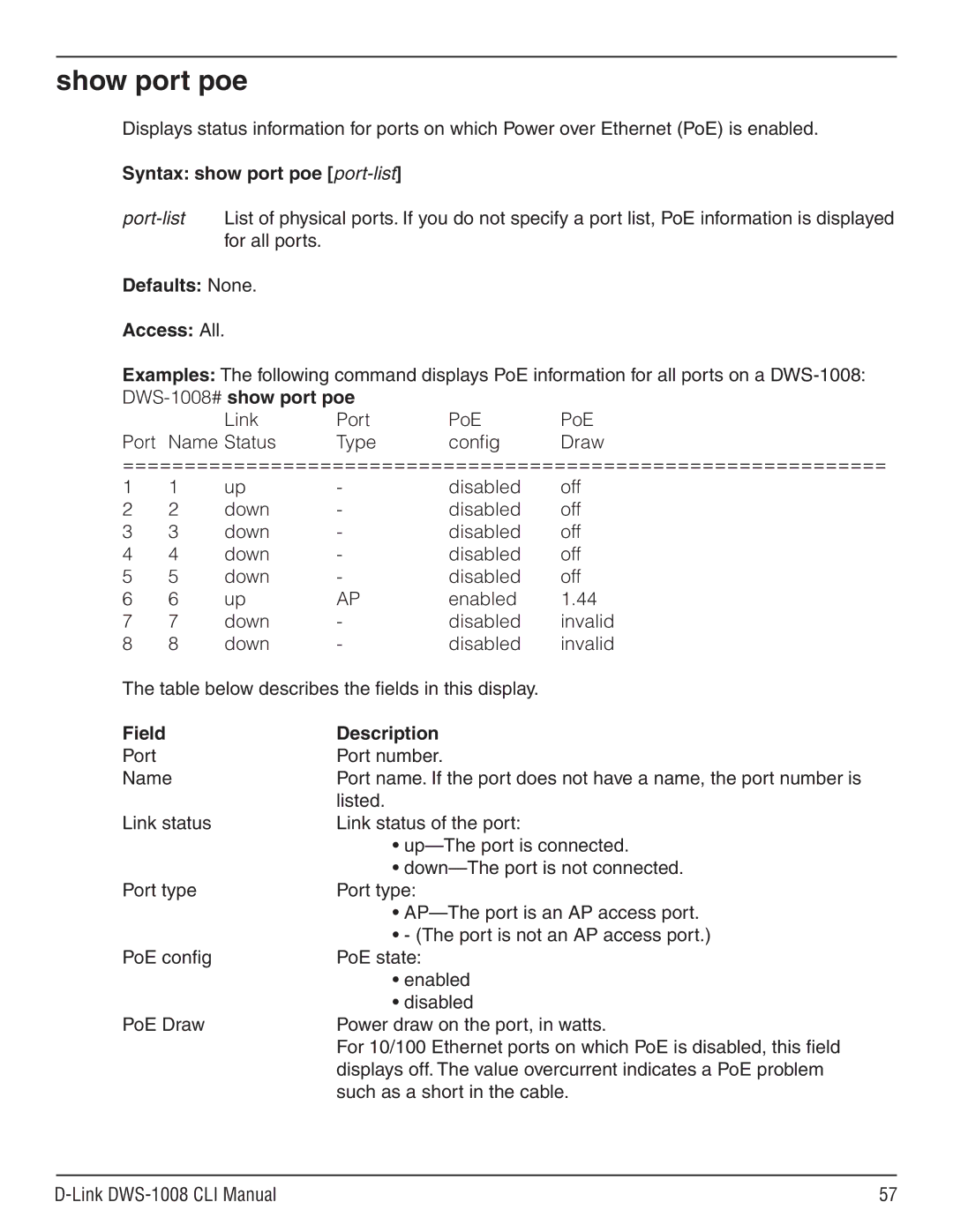 D-Link dws-1008 manual Show port poe, Syntax show port poe port-list, DWS-1008# show port poe 