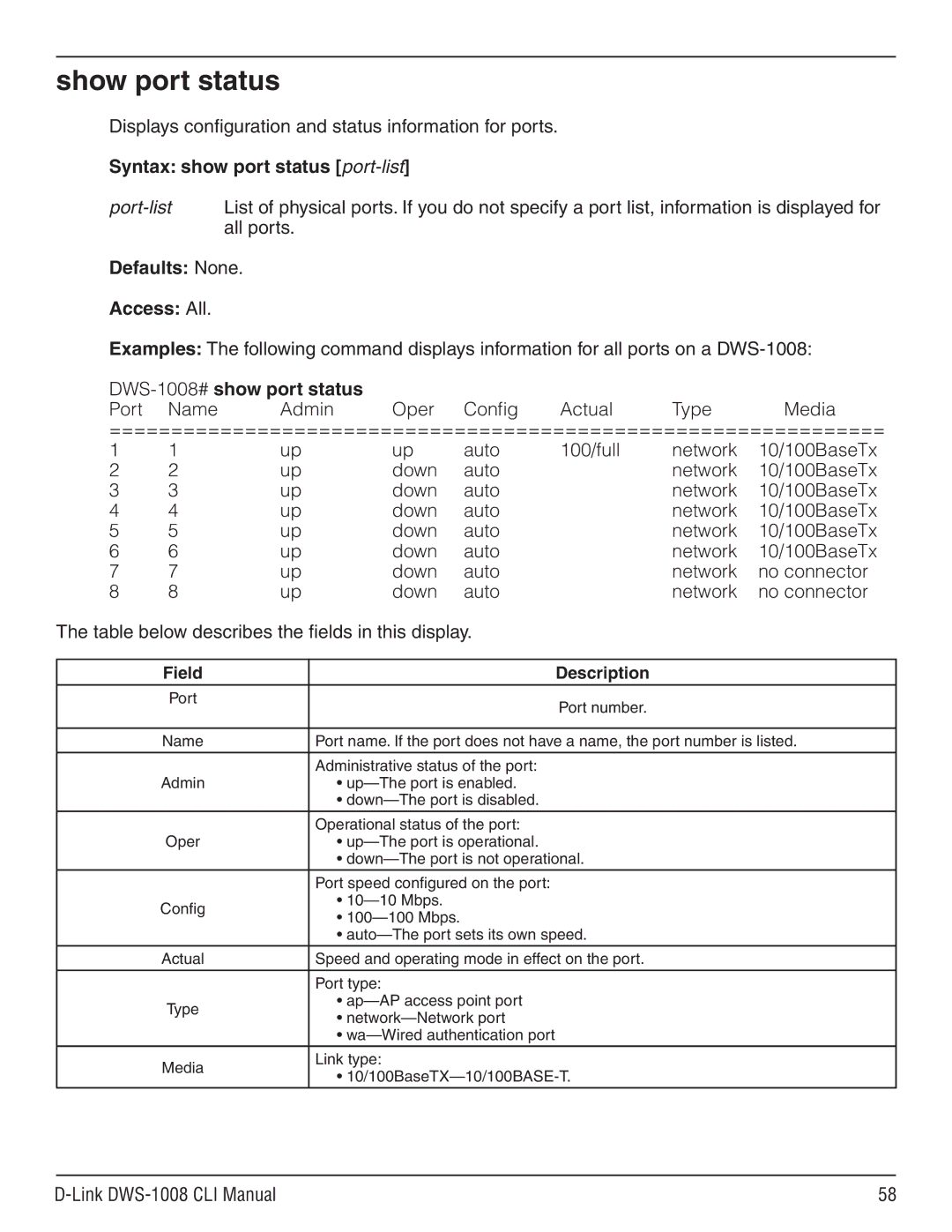 D-Link dws-1008 Show port status, Displays configuration and status information for ports, DWS-1008# show port status 