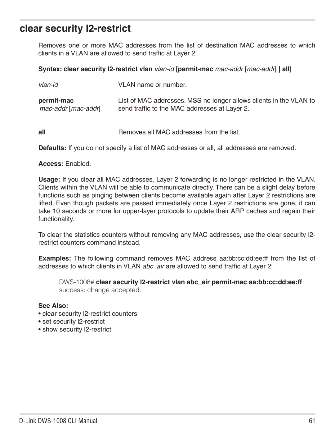 D-Link dws-1008 manual Clear security l2-restrict, Vlan-id Vlan name or number, Permit-mac, All 