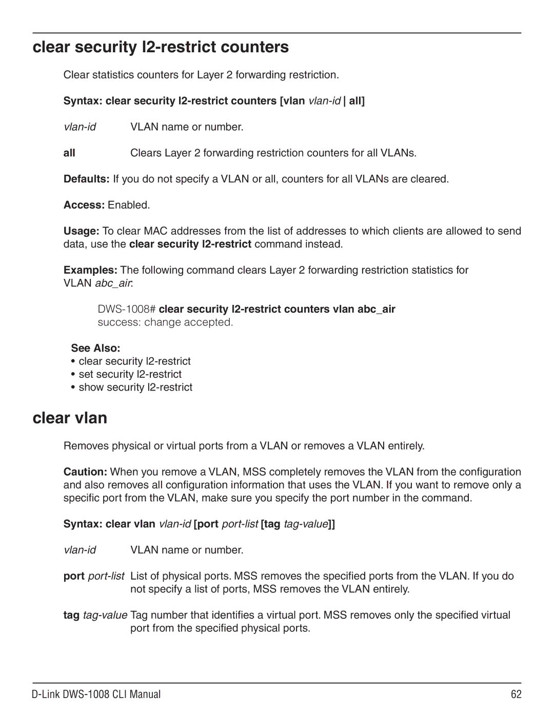 D-Link dws-1008 Clear security l2-restrict counters, Clear vlan, All, Syntax clear vlan vlan-idport port-listtag tag-value 