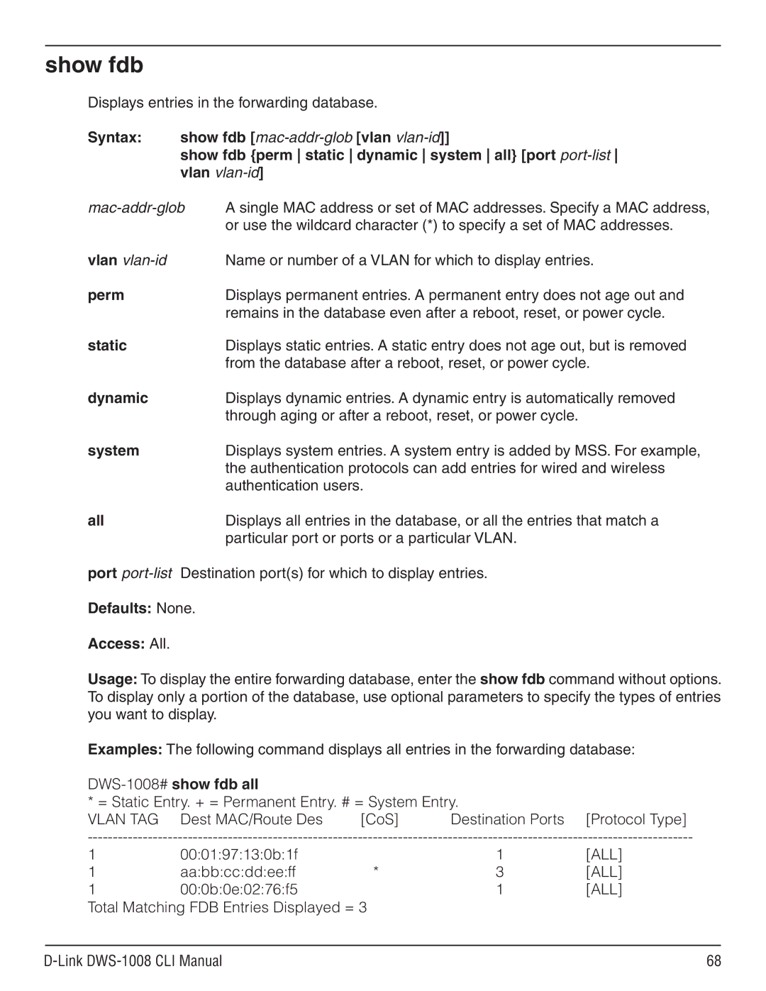 D-Link dws-1008 manual Show fdb 