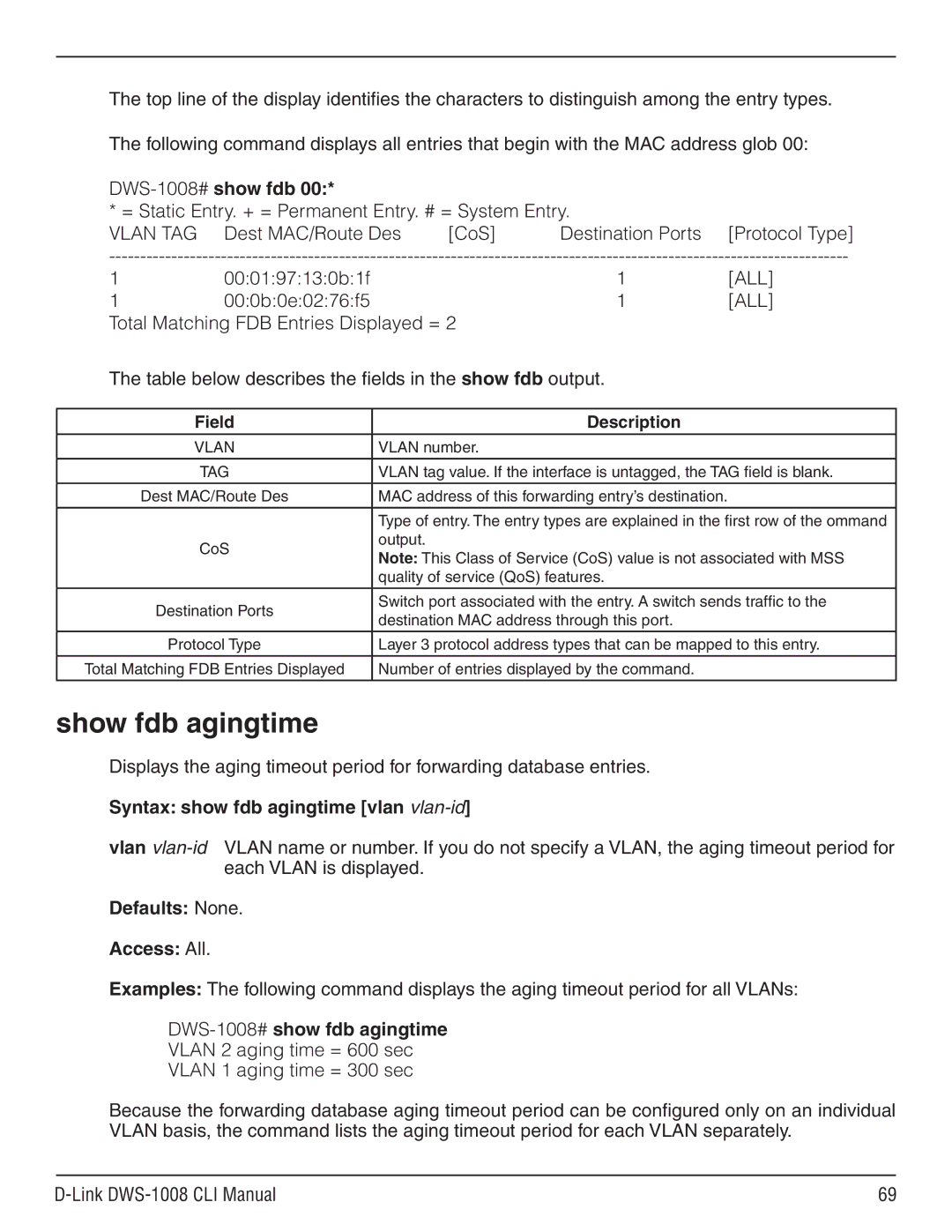 D-Link dws-1008 manual Show fdb agingtime, DWS-1008# show fdb, Syntax show fdb agingtime vlan vlan-id 