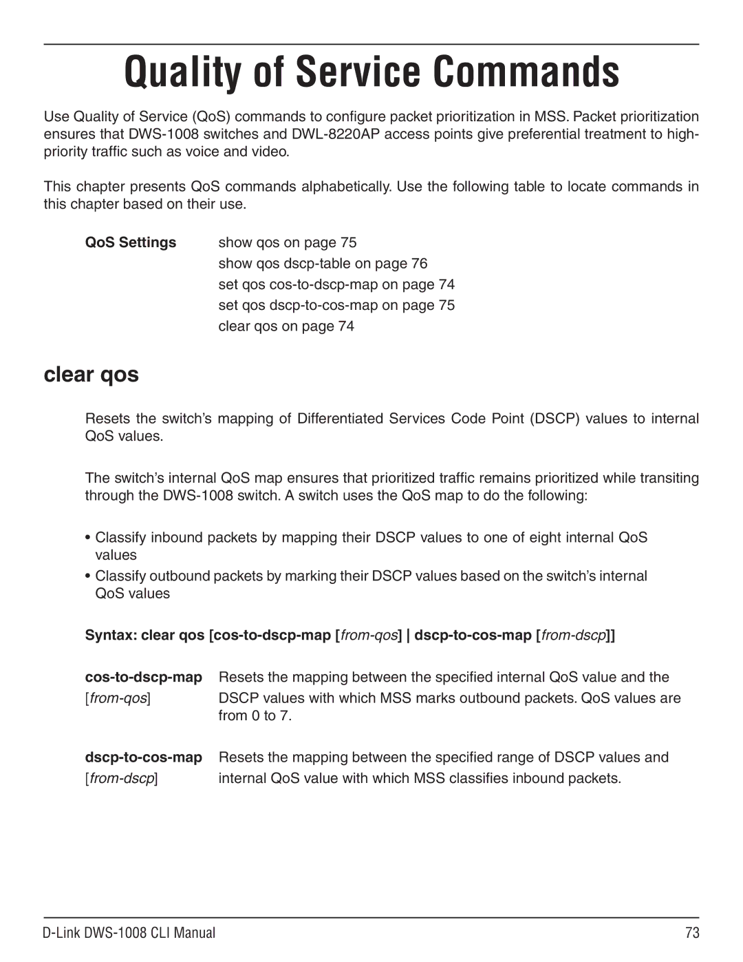 D-Link dws-1008 manual Clear qos, From-qos, From 0 to, From-dscp 