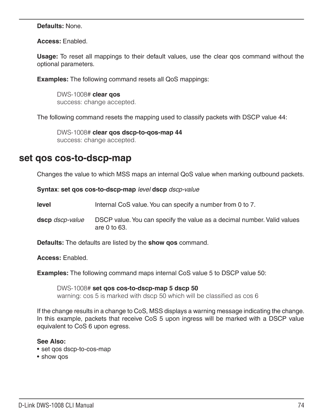 D-Link dws-1008 manual Set qos cos-to-dscp-map, Syntax set qos cos-to-dscp-map level dscp dscp-valuelevel, Dscp dscp-value 