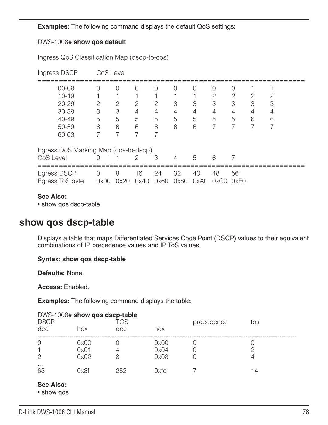 D-Link dws-1008 Show qos dscp-table, DWS-1008#show qos default, Syntax show qos dscp-table Defaults None Access Enabled 