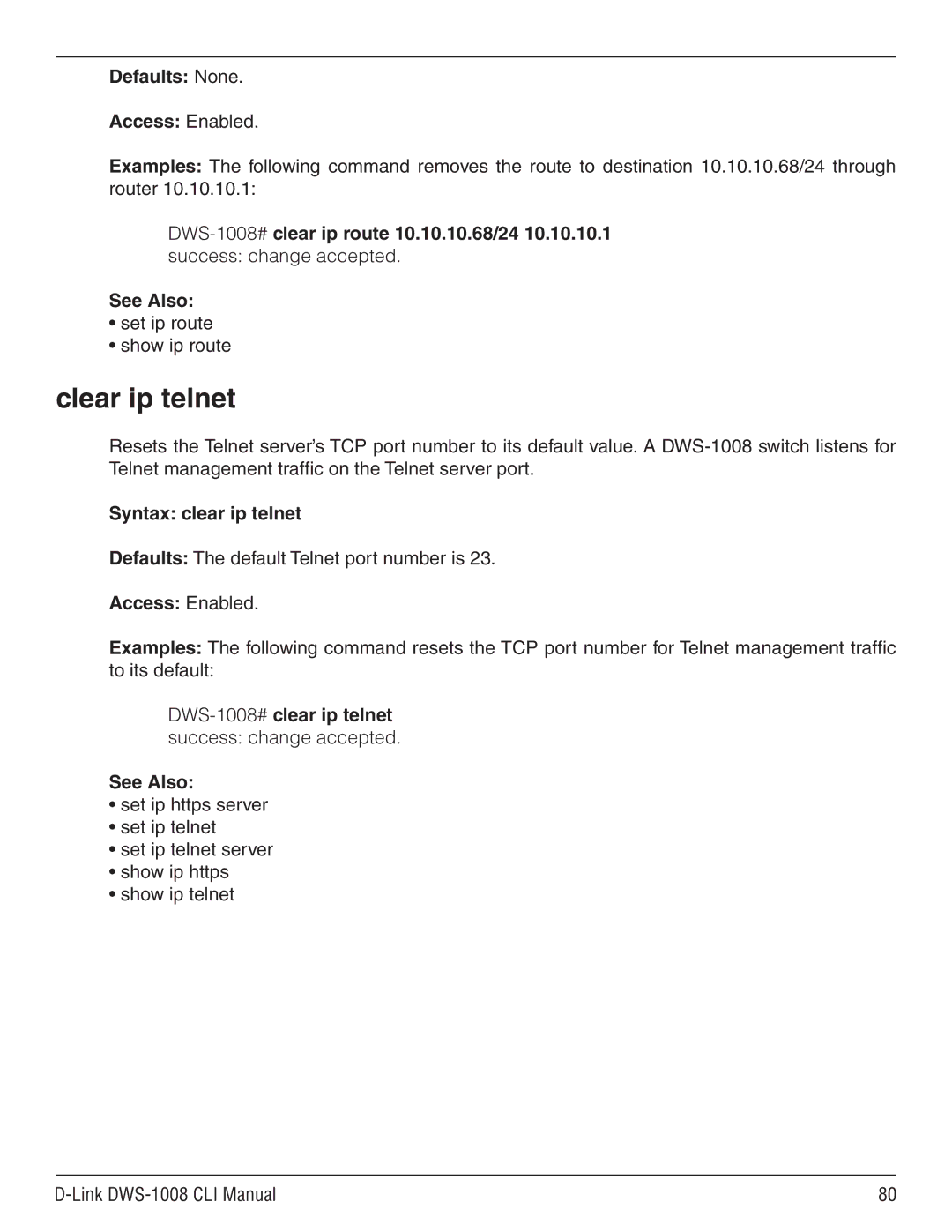 D-Link dws-1008 manual Clear ip telnet, Set ip route Show ip route, Syntax clear ip telnet 