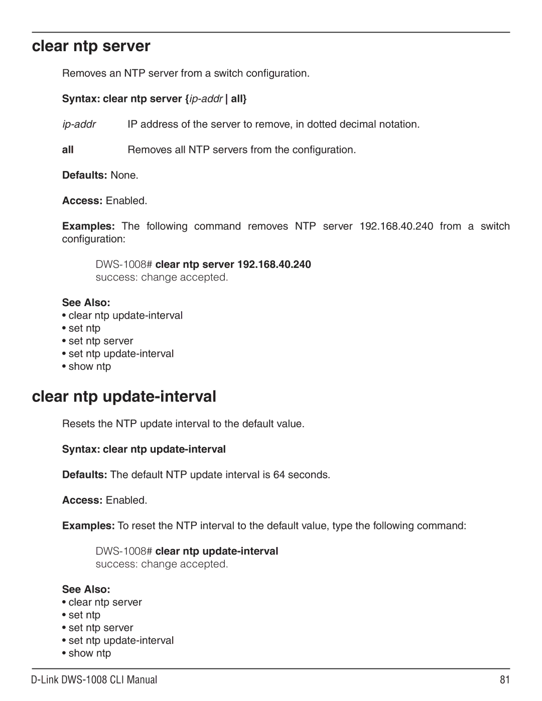 D-Link dws-1008 manual Clear ntp server, Clear ntp update-interval, Syntax clear ntp server ip-addr all 