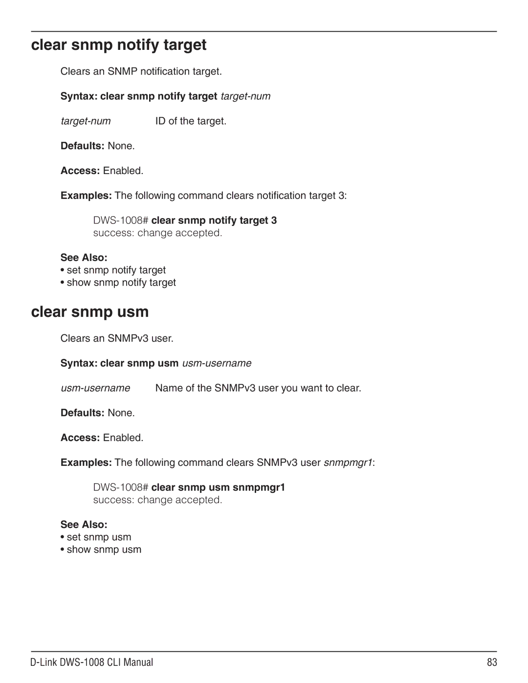 D-Link dws-1008 manual Clear snmp notify target, Clear snmp usm, Syntax clear snmp notify target target-num 