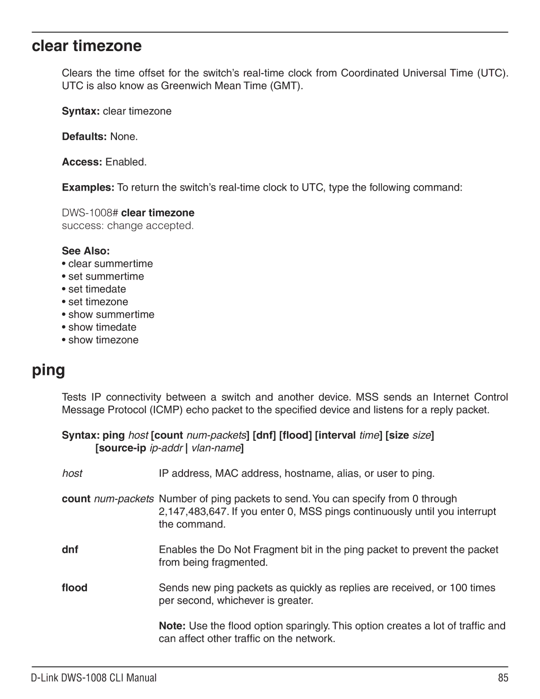 D-Link dws-1008 manual Clear timezone, Ping, Dnf, Flood 