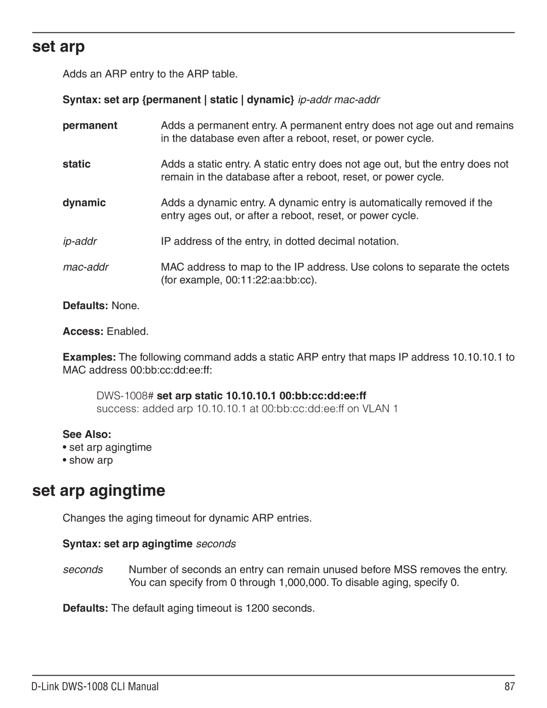 D-Link dws-1008 manual Set arp agingtime, Ip-addr Mac-addr, Syntax set arp agingtime seconds 